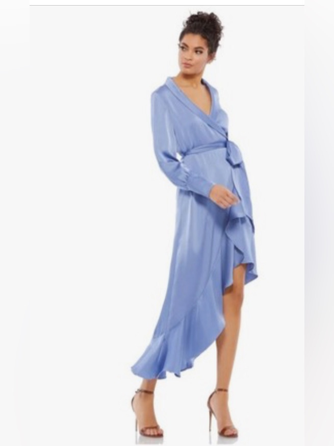 New Mac Duggal Powder Blue Periwinkle Wrap High-Low Ruffle Dress Sz 2